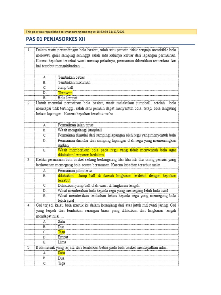 Menyongsong Masa Depan Atlet Cilik: Soal Penjas Kelas 1 Semester 2