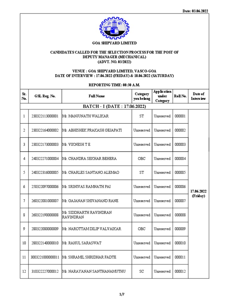 GSL Interview Seniority List PDF