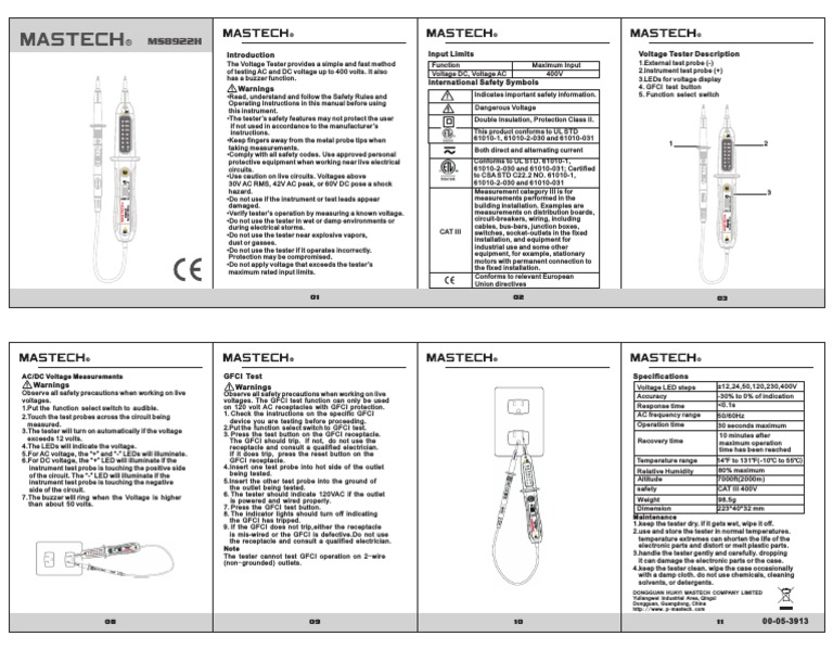 Instruction Manual for the Voltage Tester MS8922H PDF Alternating Current Voltage