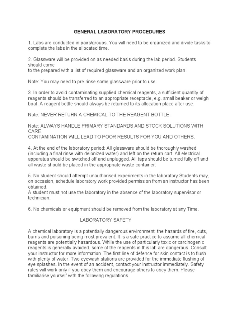 General Laboratory Procedures PDF Laboratories Safety