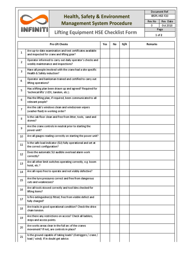IBSPLHSEF20 Lifting Equipment HSE Checklist PDF Crane (Machine) Elevator