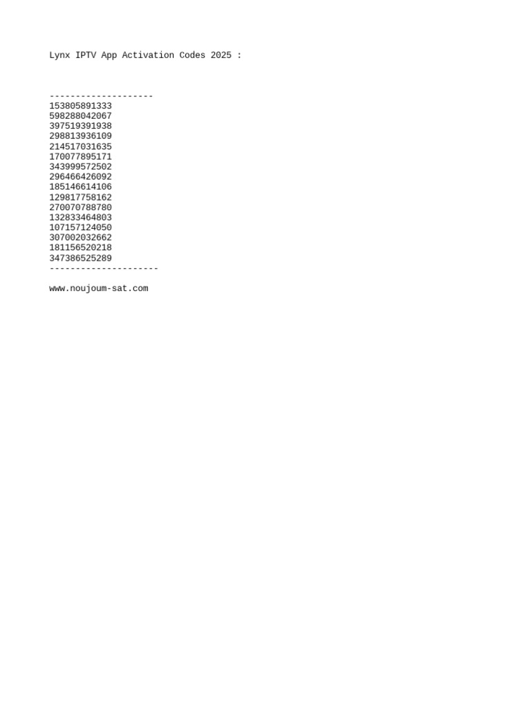 Lynx IPTV App Activation Codes 2025 PDF