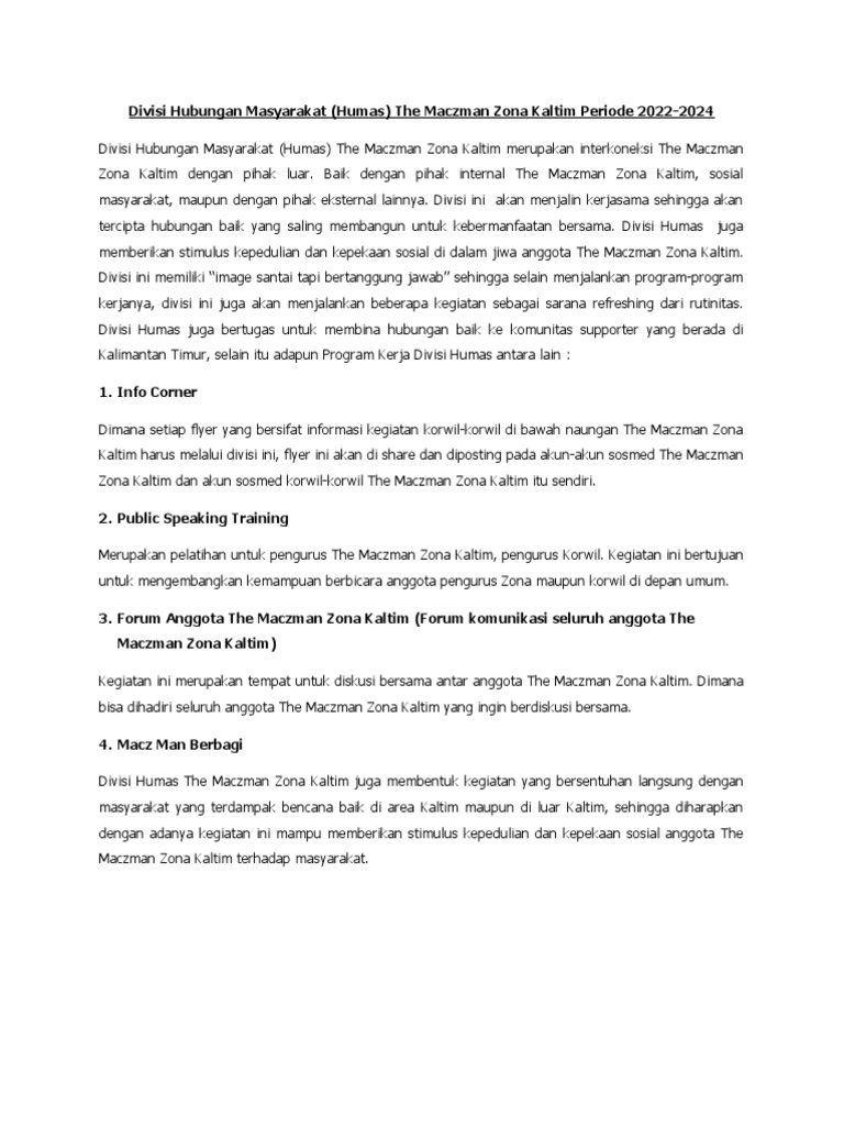 Draft Proker Divisi Humas The Maczman Zona Kaltim 2022-2024 | PDF ...