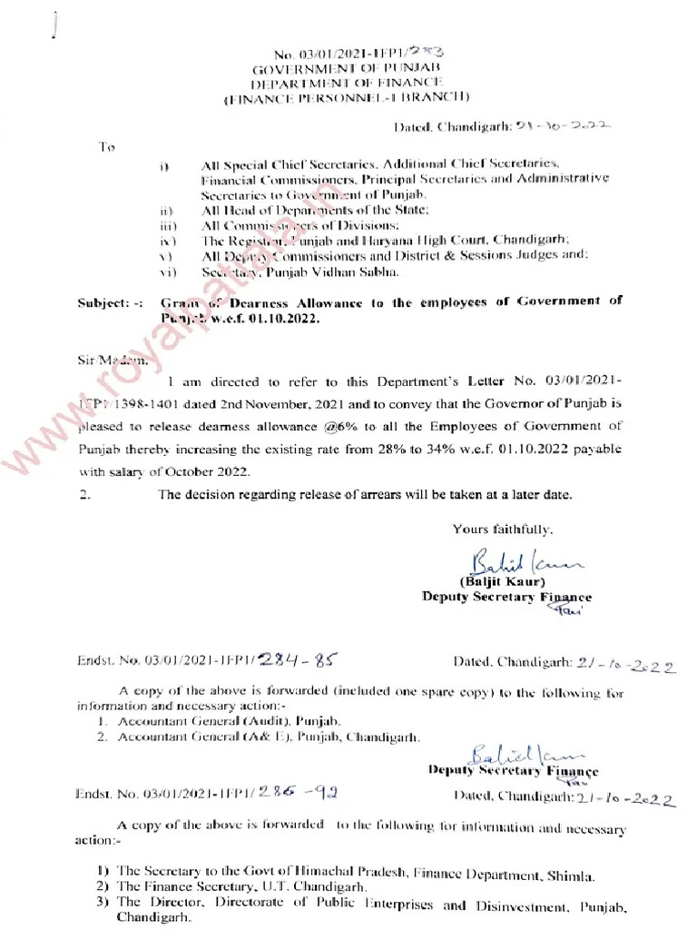 28% To 34% DA Punjab Letter | PDF