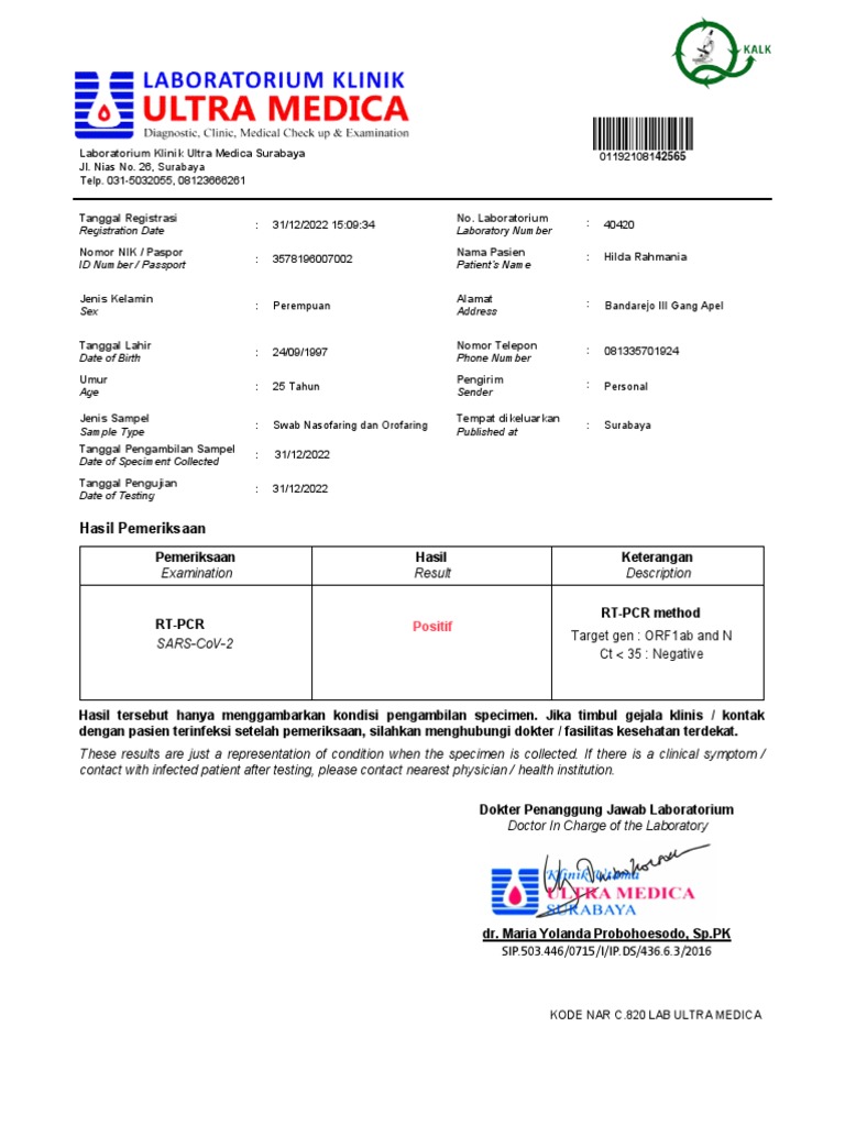 Registration Date Laboratory Number: Hasil Pemeriksaan | PDF