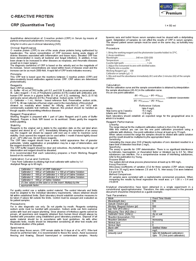 CRP Quantitative Test Procedure Guide | PDF | C Reactive Protein |  Coefficient Of Variation
