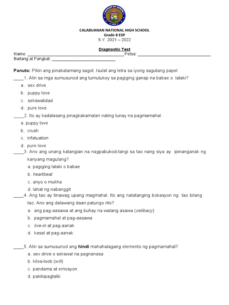 Esp - DIAGNOSTIC TEST - 4th Quarter | PDF