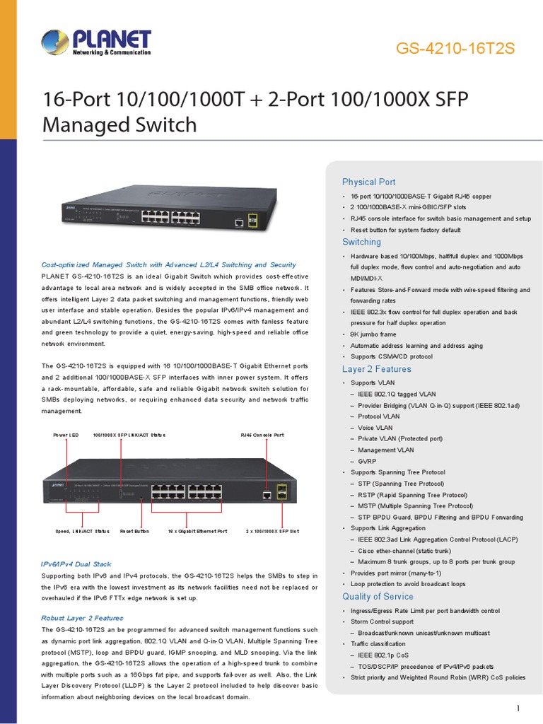 GS-4210-16T2S - L2/L4 Gigabit Ethernet Switch - PLANET Technology