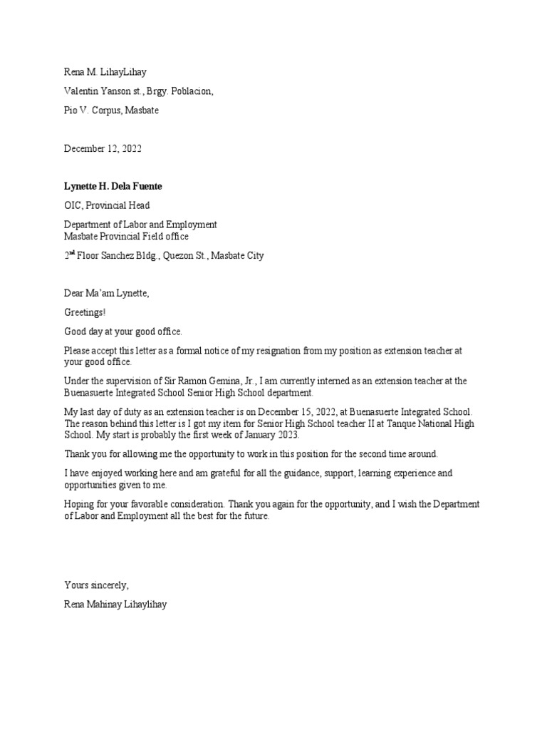 Resignation letter to dole pdf