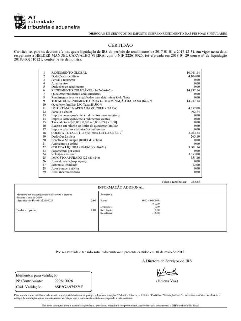 Declara o de irs de 2017 do contribuinte helder manuel carvalho vieira