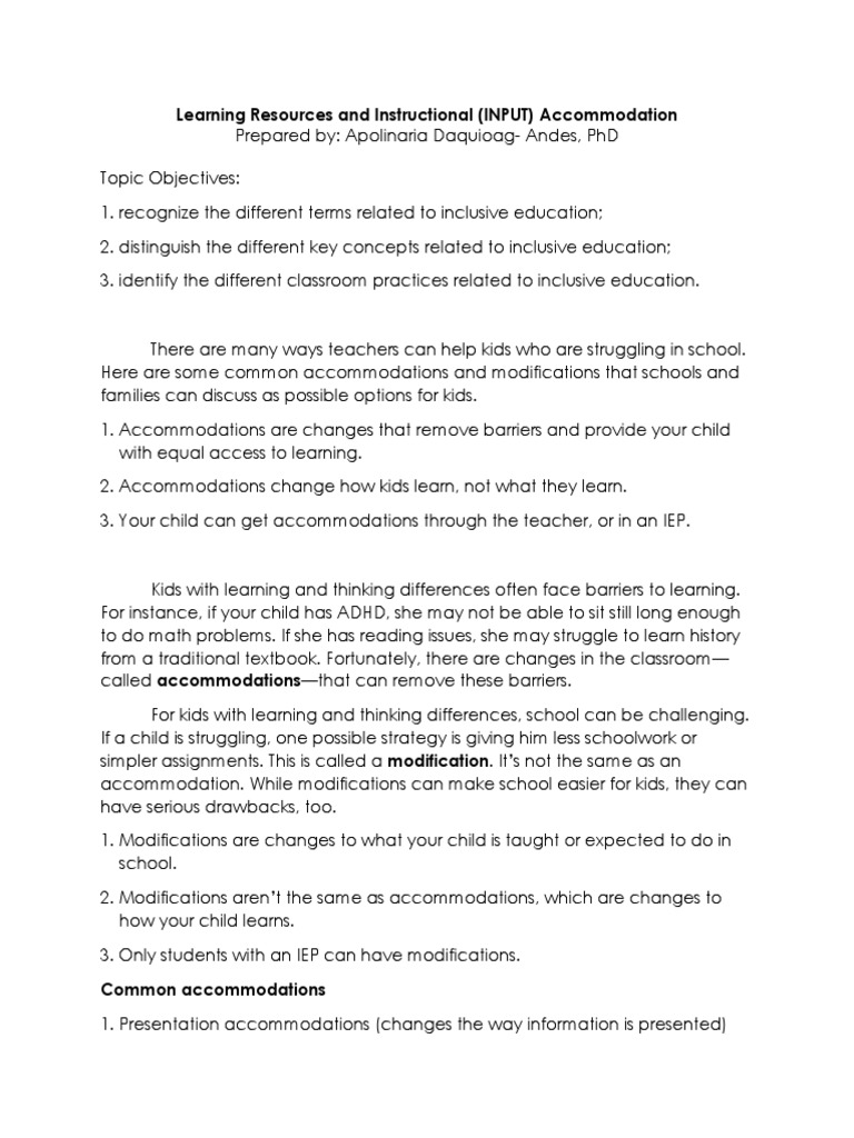 Inclusive Education: Accommodations & Modifications | PDF | Learning ...