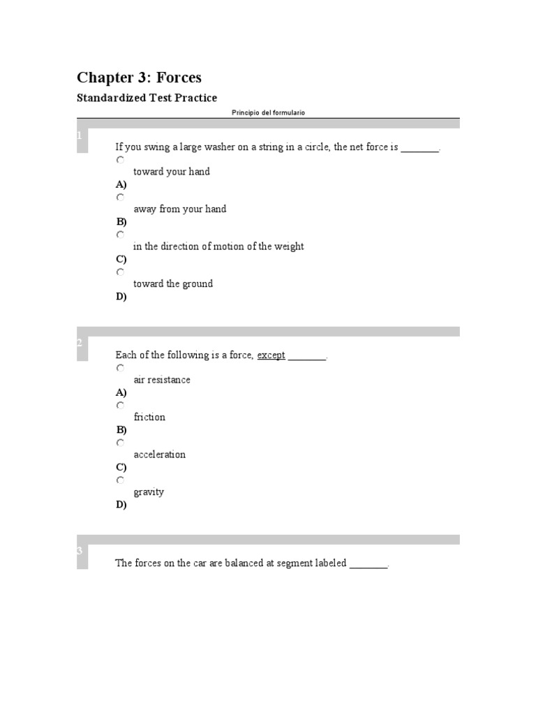 Chapter 3: Forces: Standardized Test Practice | PDF