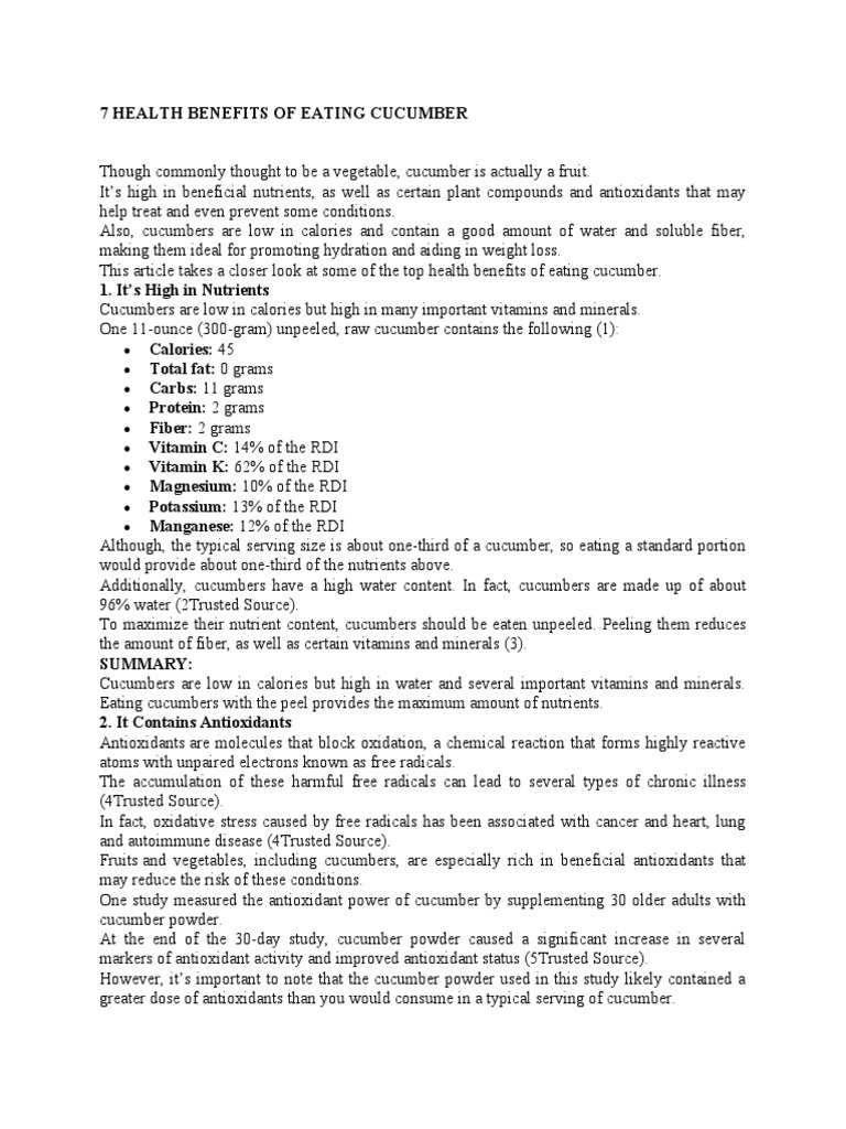 7 Health Benefits of Eating Cucumber PDF Dieting Antioxidant