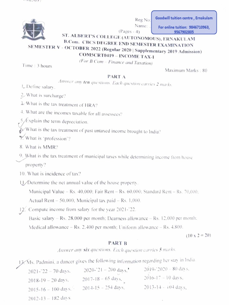 Income Tax 1 B com St Alberts College Mgu 5th Semester Question Paper
