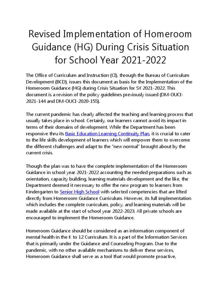 Revised Implementation Of Homeroom Guidance Pdf Schema Psychology