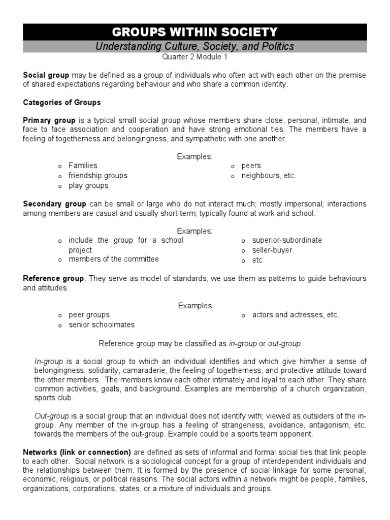 Ucsp Groups Within Society PDF Social Group Psychological Concepts