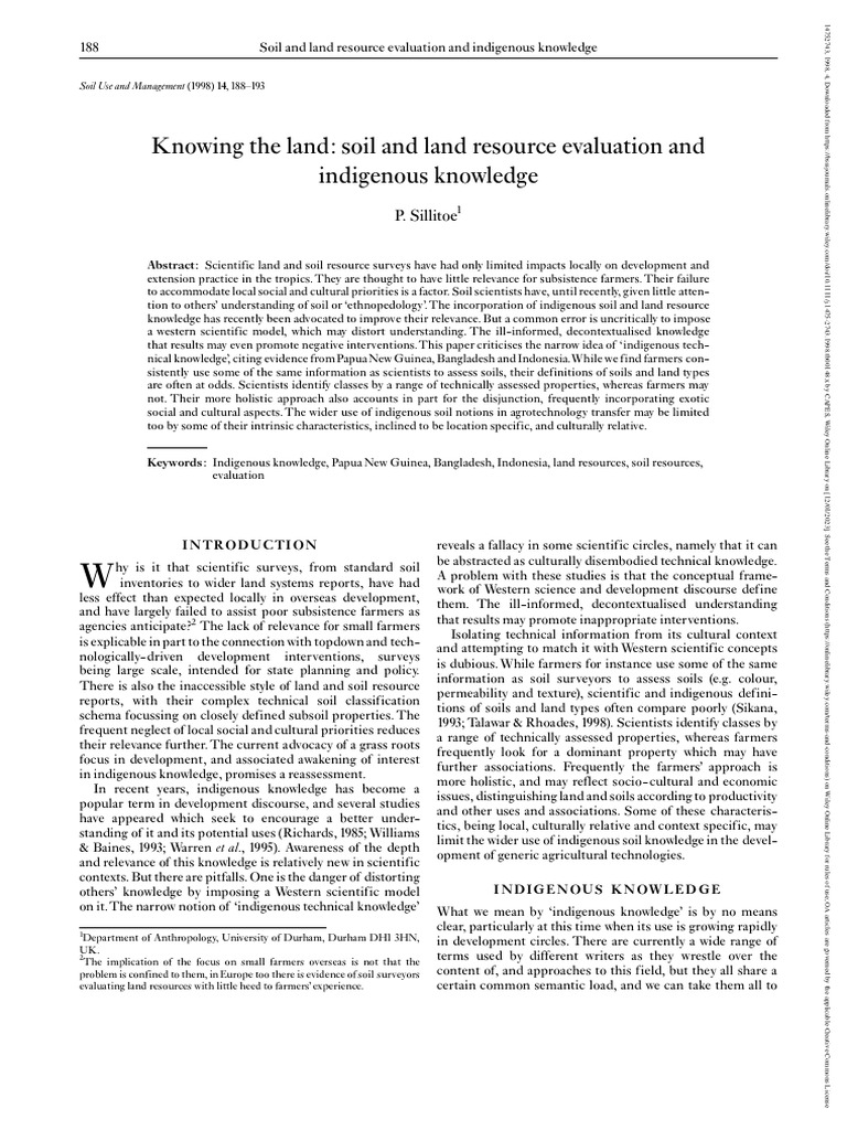 Soil Use and Management 2006 Sillitoe Knowing The Land Soil and