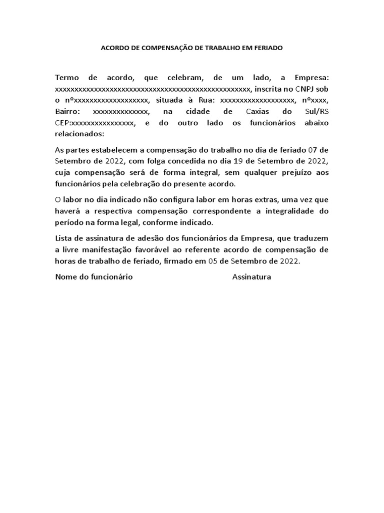 Modelo Acordo de Compensação de Trabalho em Feriado | PDF