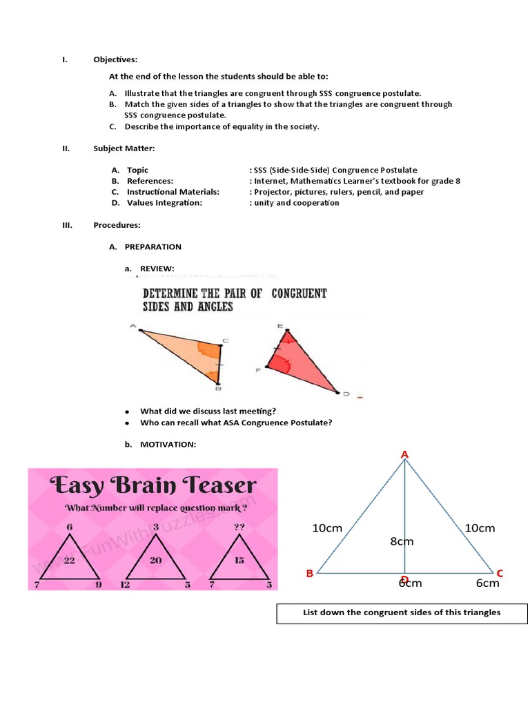 SSS Congruence Postulate Lesson Plan | PDF | Behavior Modification ...