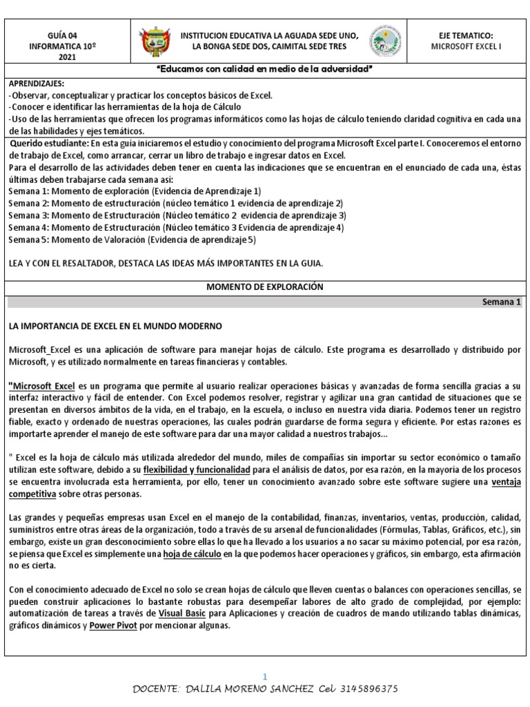 Guia 04 Informatica 10 Microsoft Excel I Pdf