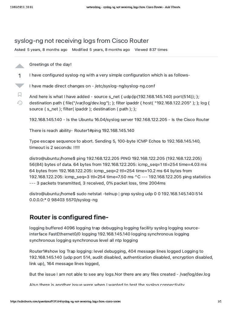 Networking SyslogNg Not Receiving Logs From Cisco Router Ask