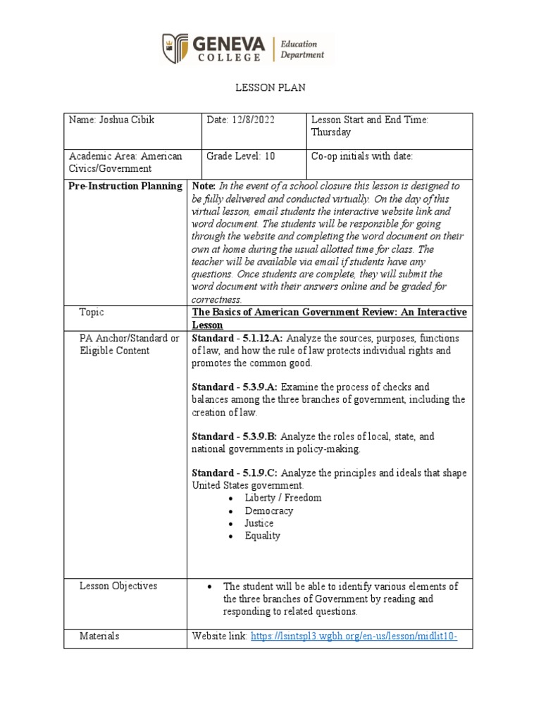 The basics of american government review an interactive lesson plan