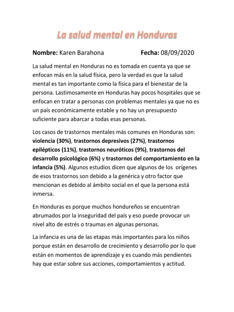 La Salud Mental en Honduras PDF Salud mental Adultos