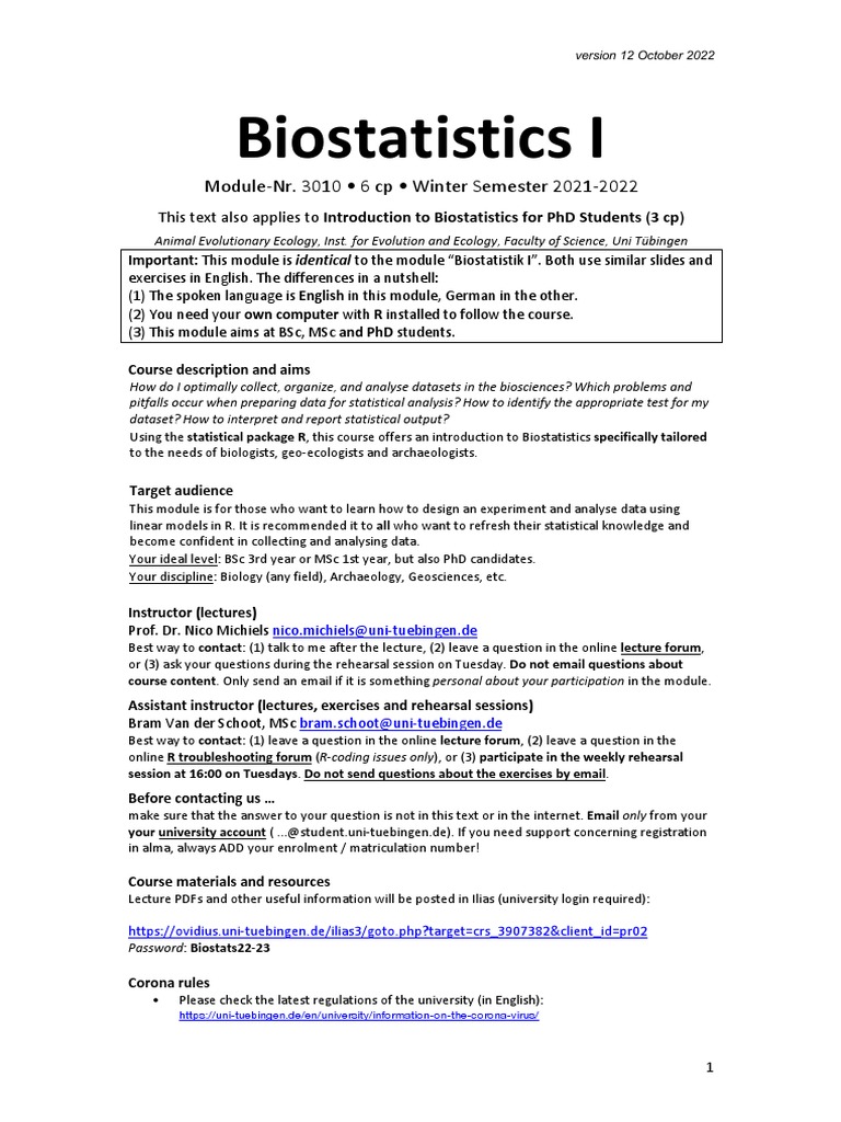 Biostatistics I Course Overview and Details | PDF | Test (Assessment ...