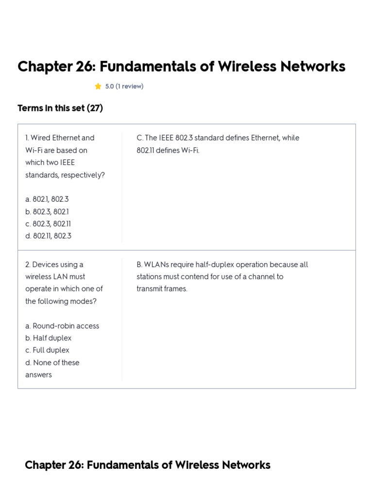 Chapter 26 Fundamentals of Wireless Networks Flashcards Quizlet