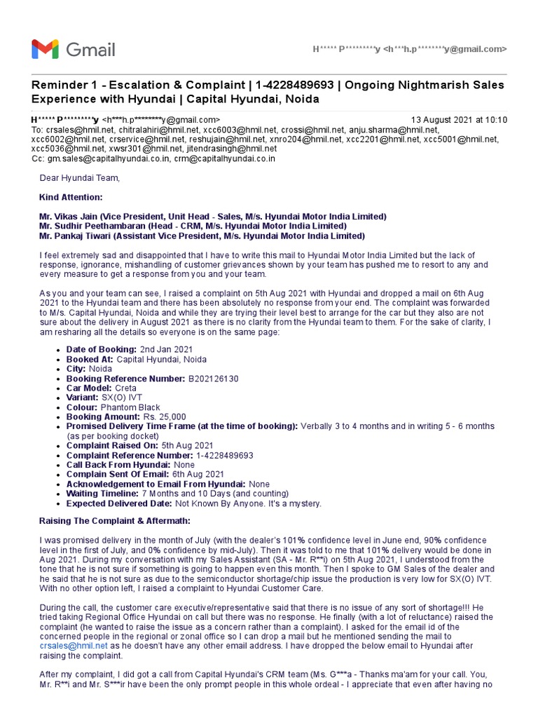 Escalation Complaint Ongoing Nightmarish Sales Experience With Hyundai ...