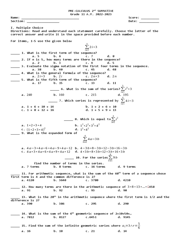 2nd Summative (Series and Sequence) | PDF | Summation | Mathematical ...