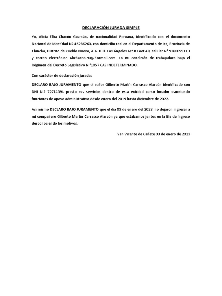 Declaración Jurada Simple de Servicios | PDF