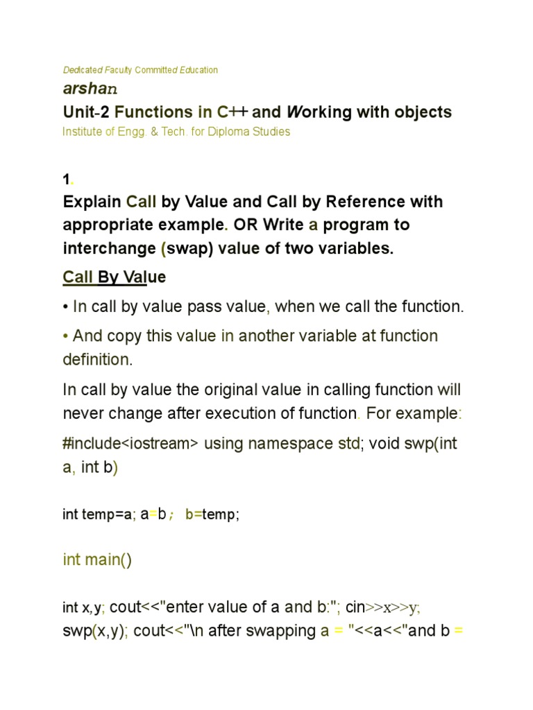 C++ Functions: Call by Value, Reference, and More | PDF | Computers