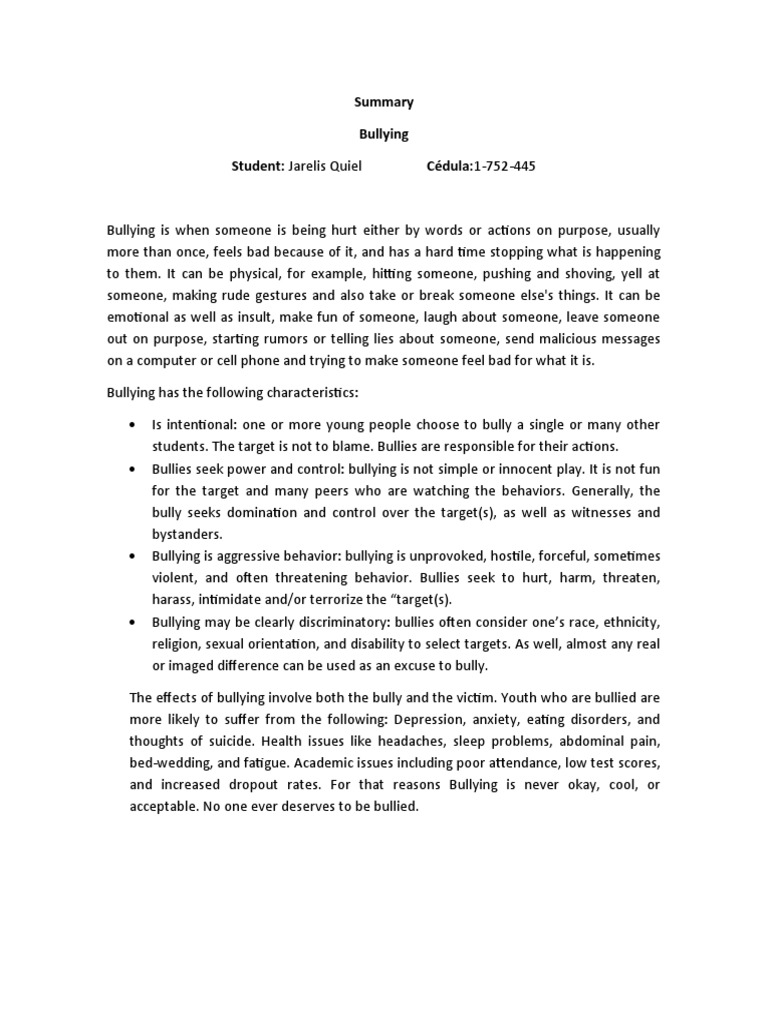 Summary About Bullying | PDF