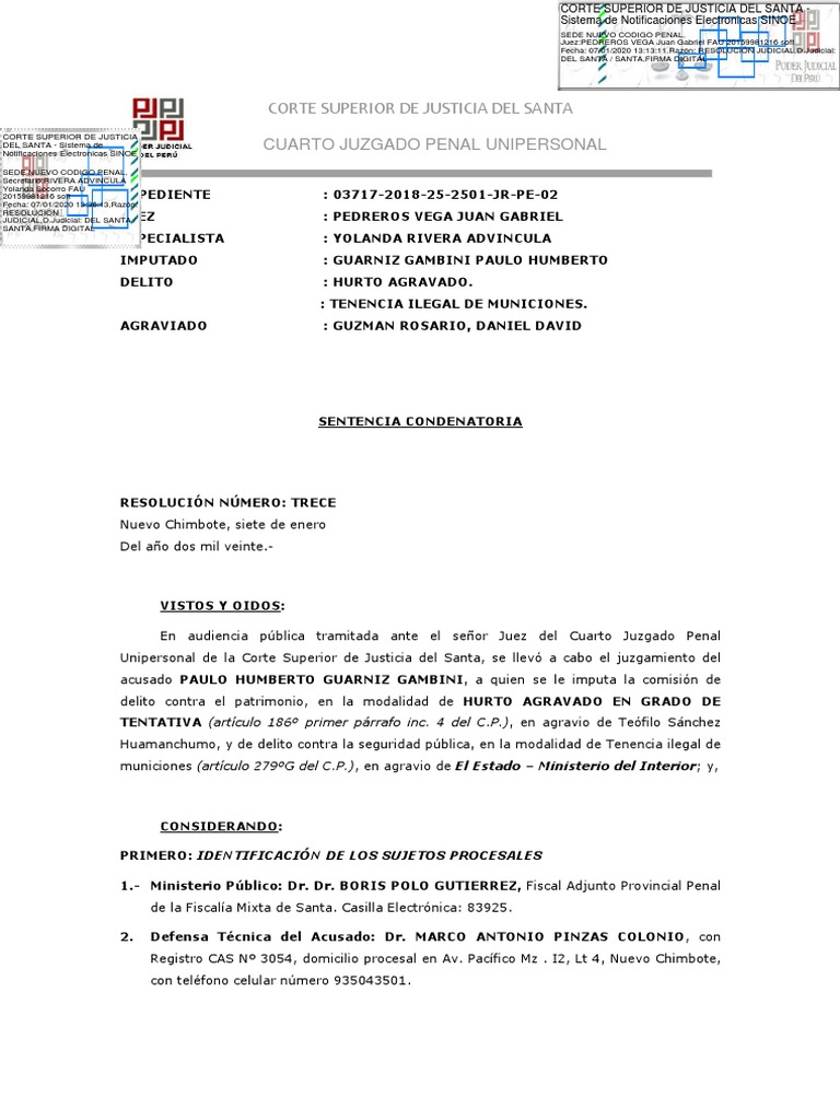 Sentencia Condenatoria | PDF | Evidencia (ley) | Derecho penal