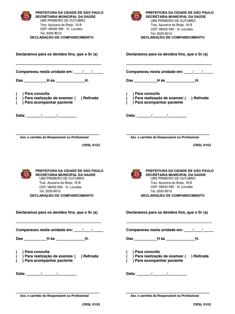 Declaração de comparecimento à UBS Primeiro de Outubro para consultas ...