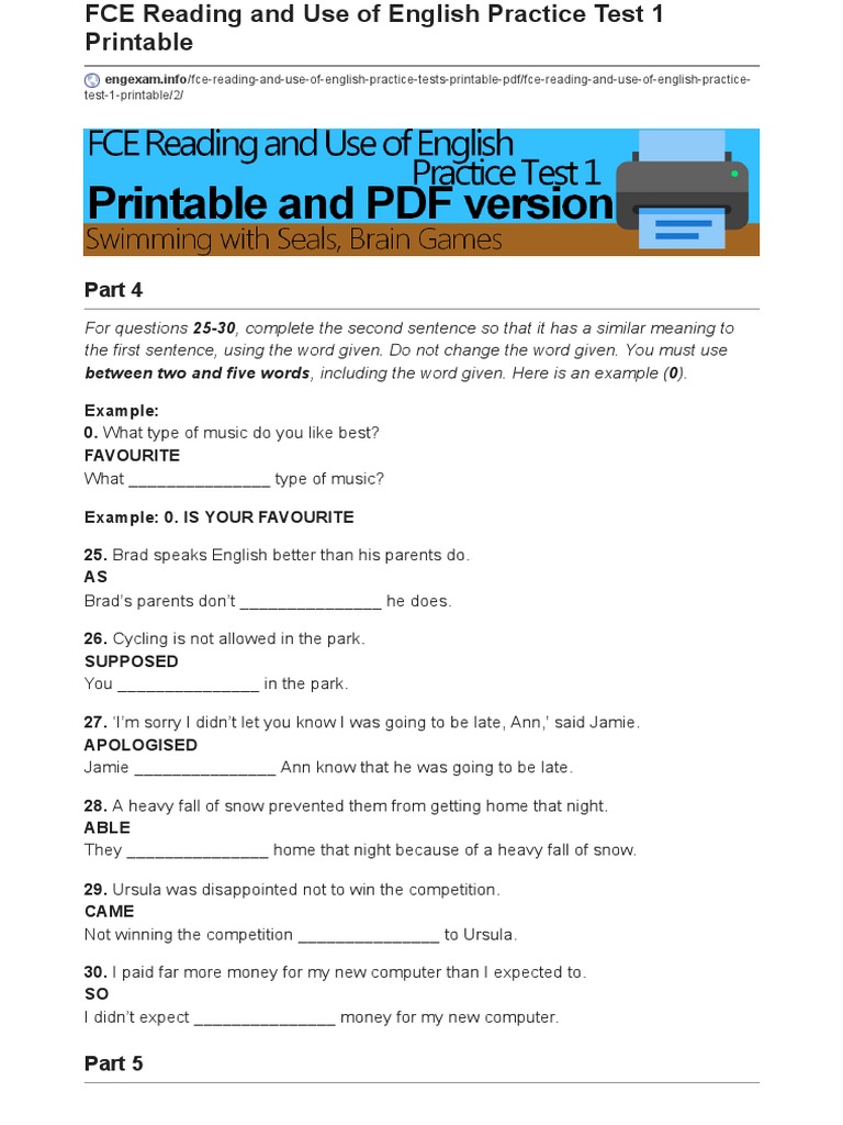 FCE Reading and Use of English Practice Test 1 Cont PDF