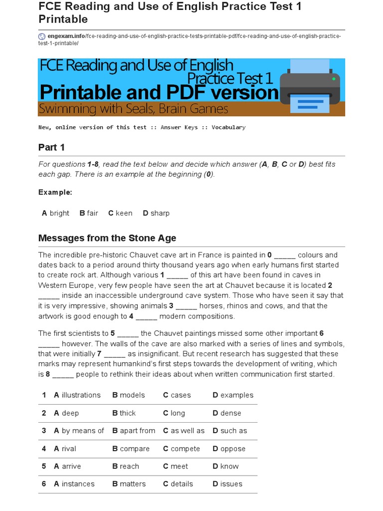 Fce Reading And Use Of English Practice Test 1 Printable Download
