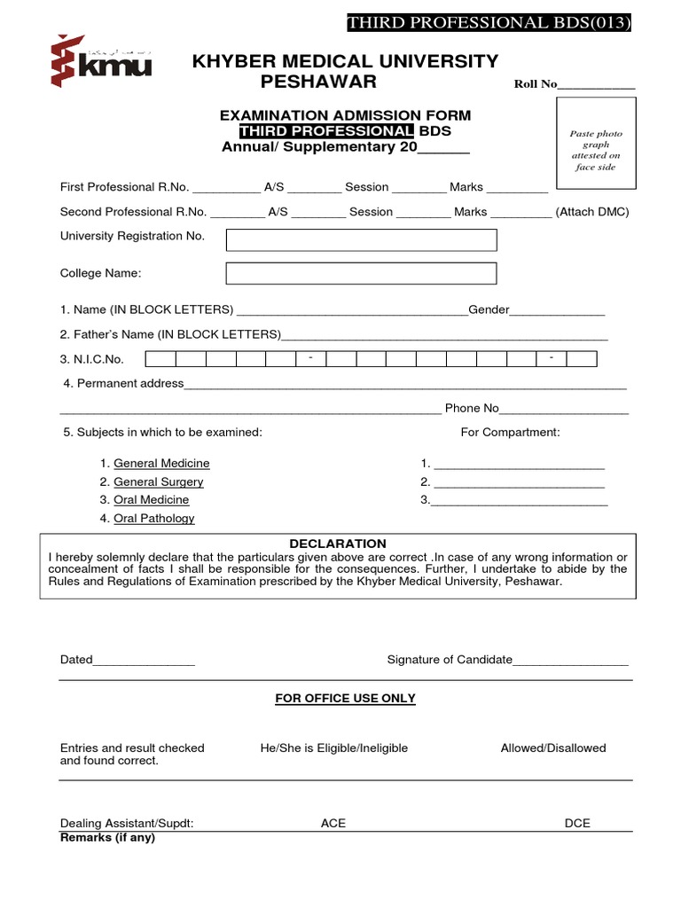 3rd Prof Bds Form PDF Dental Degree Medical School