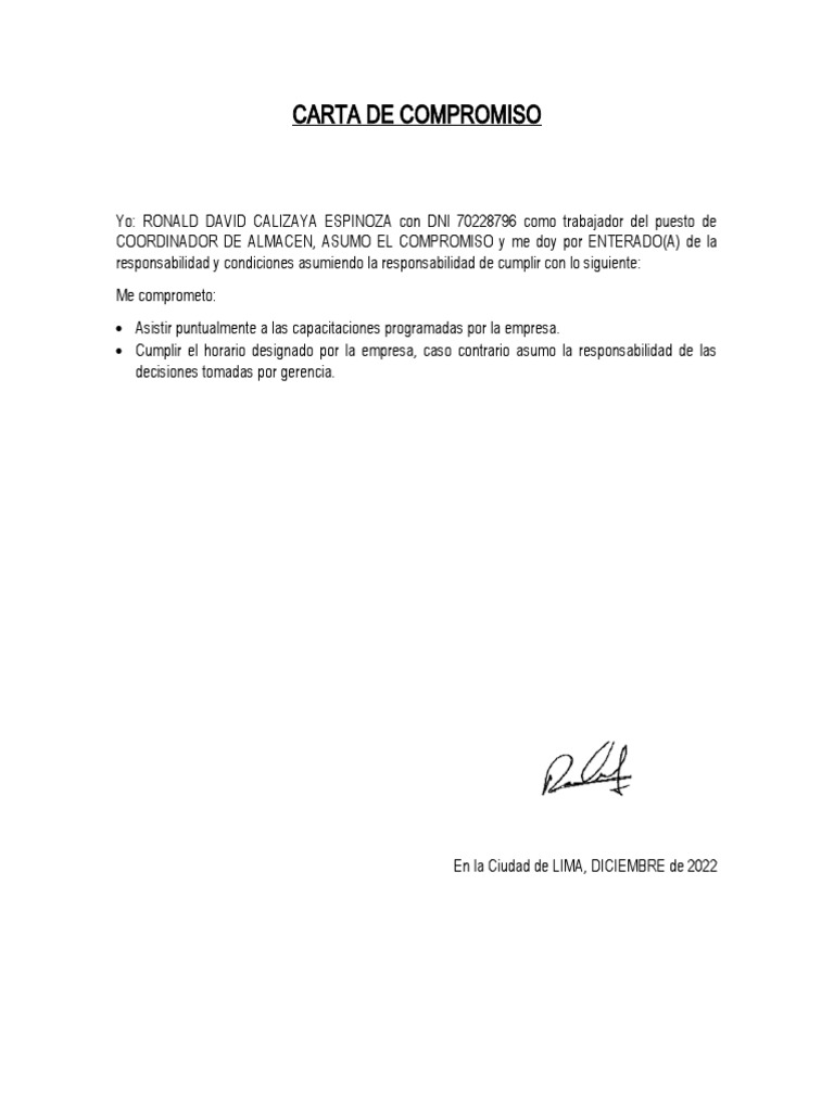 Compromiso Laboral de Coordinador de Almacén | PDF | Finanzas y dinero