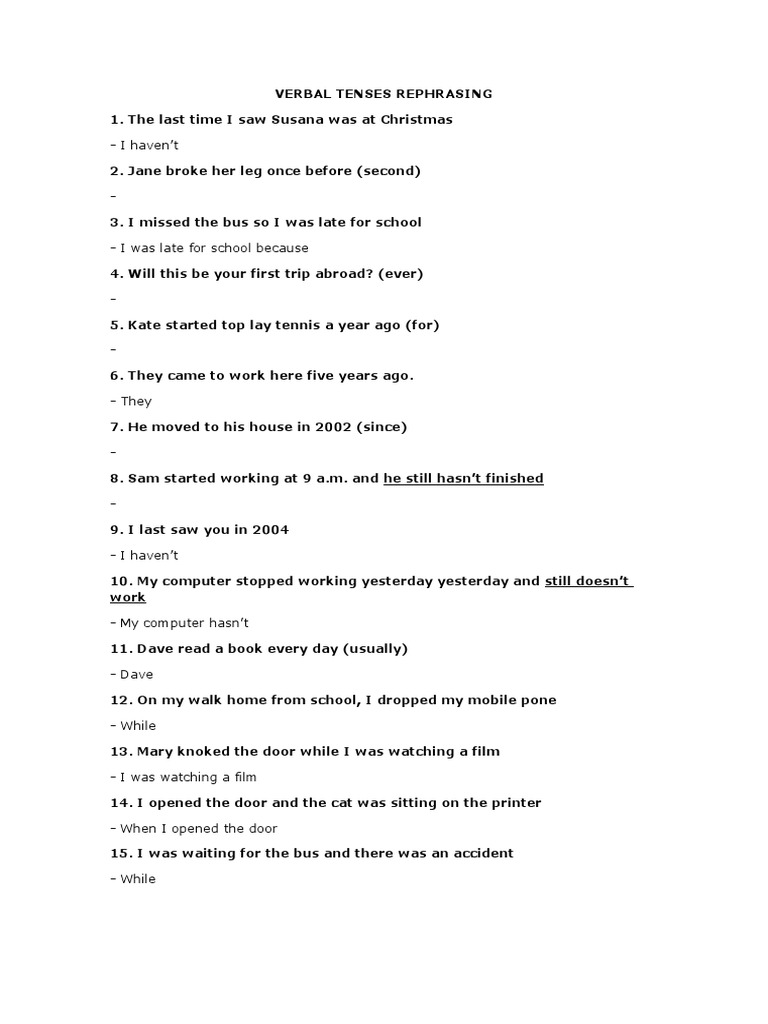 Verbal Tenses Rephrasing Exercises | PDF