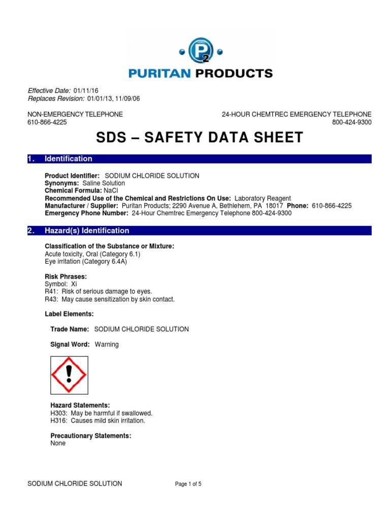 Safety Data Sheet for Sodium Chloride Solution Hazard Identification