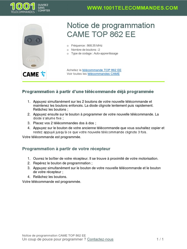 Programmation CAME TOP 862 EE PDF — free download