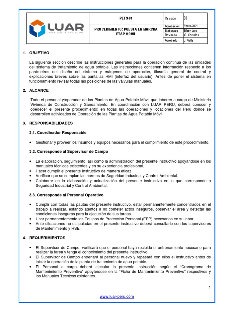 Procedimiento Operativo PTAP Móvil | PDF | Agua | Ingeniería Ambiental