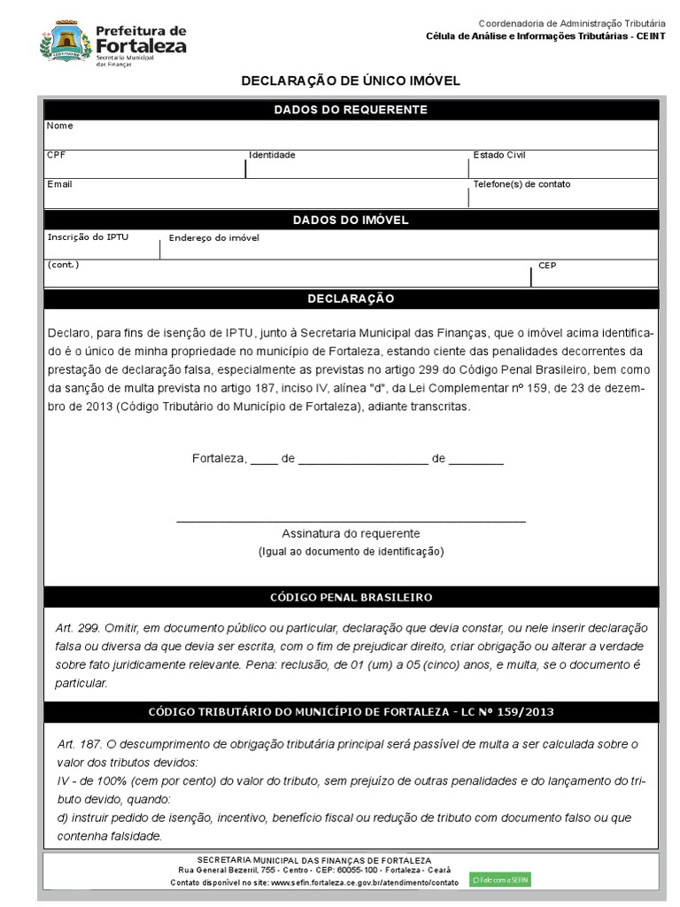 Declaração De único Imóvel Para Fins De Isenção De Iptu Pdf