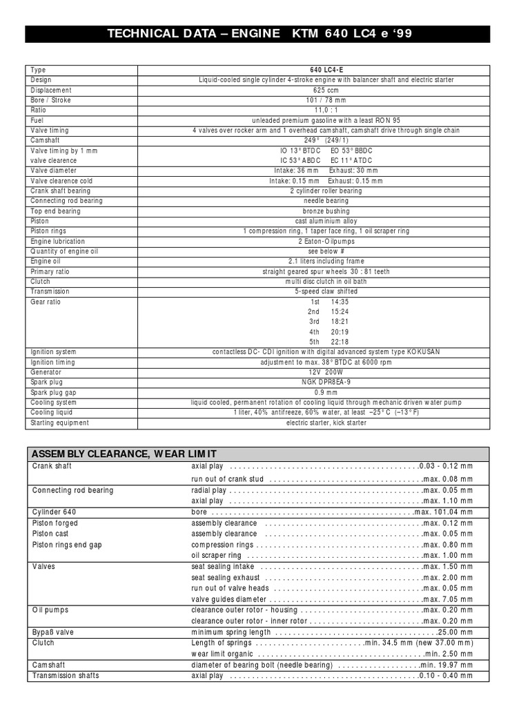 KTM 640 LC4 Engine Specifications | PDF