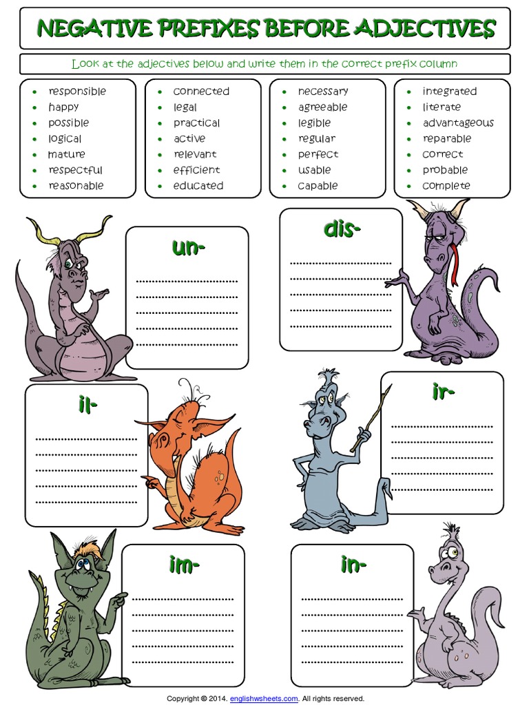 Negative Prefixes Before Adjectives Categorizing Grammar Exercise