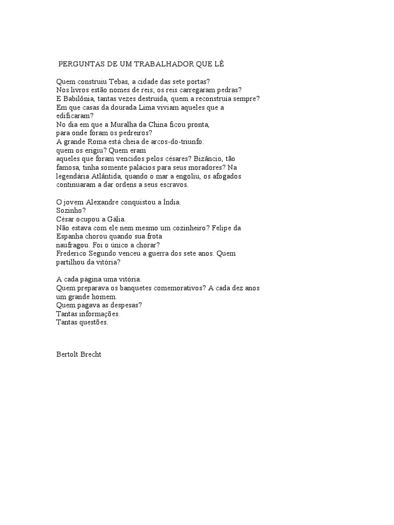 Poema de Brecht (Perguntas de Um Trabalhador Que Lê) | PDF