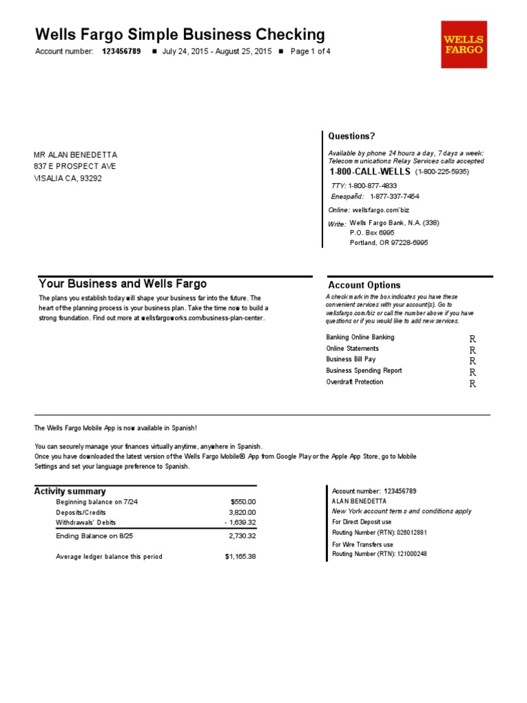Wells Fargo Bank Statement PDF Fee Overdraft
