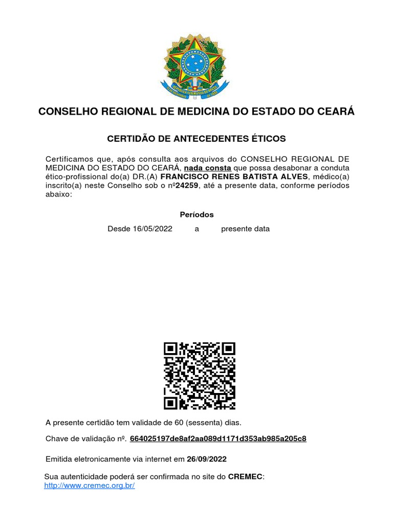 Conselho regional de medicina do estado do cear certid o de